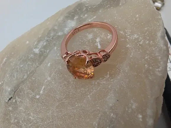 Elegant Rose Gold Plated S925 Sterling Silver Ring w/ Oval Champagne Stone