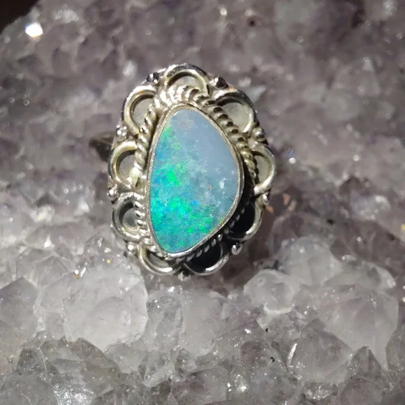 Dainty Australian Opal Sterling Silver Ring Size 6.25
