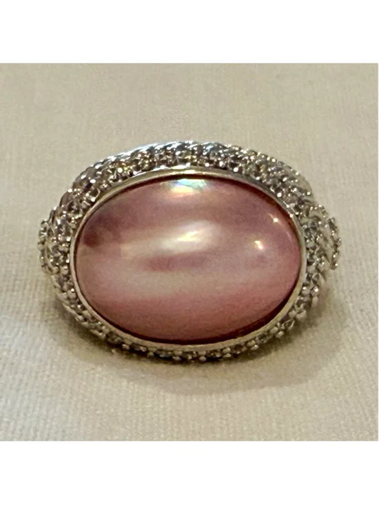Judith Ripka Signed 925 Silver Pink Oval Mabe Pearl Halo Ring Size 7 Cocktail