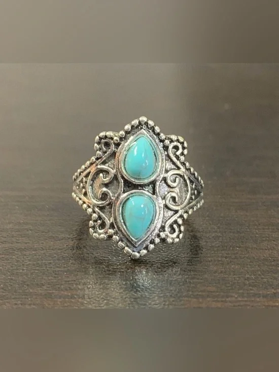 Turquoise Double-Stone Silver Statement Ring SIZE: 6