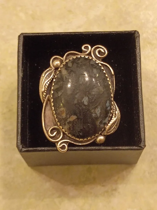 Vintage Native American Navajo Petrified Wood Sterling Silver Ring Size 7.5