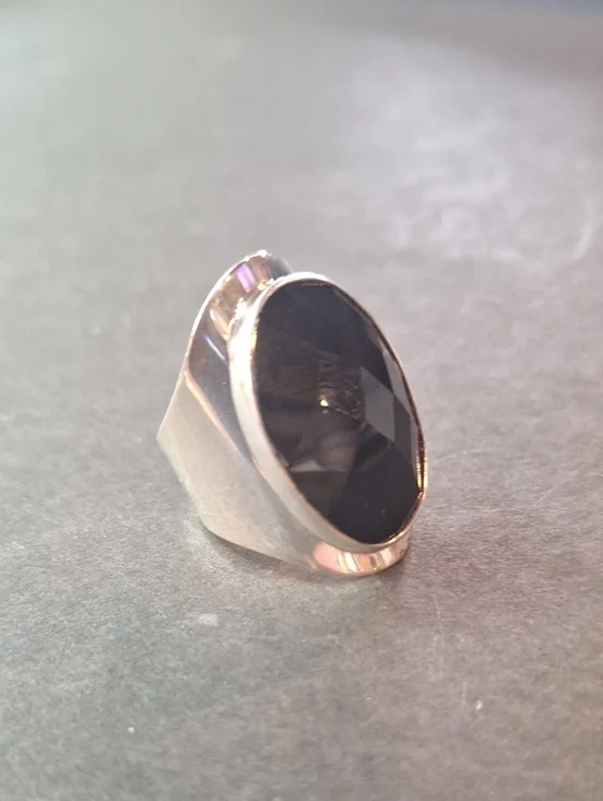 DDD Mexico 925 Black Faceted Stone Silver Ring - Stylish Women's Accessory