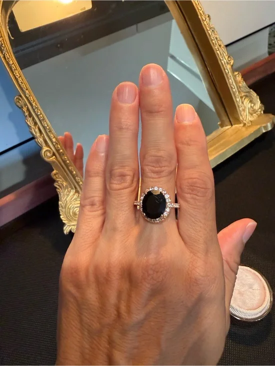 Black Onyx Halo Ring with white topaz accents