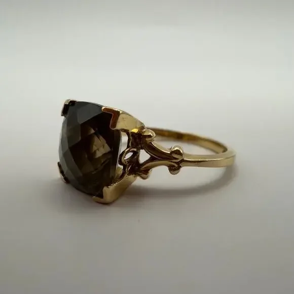 Vintage 14K Yellow Gold Smoky Quartz Cocktail Ring Size 7.5 Cushion Cut Filigree