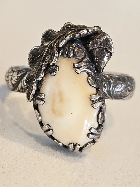 Vintage Native American Handmade Sterling Silver Elks Tooth Ivory Ring