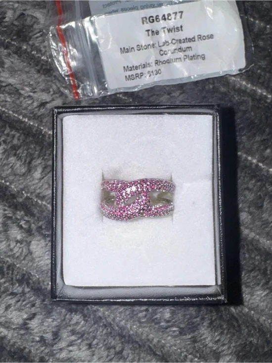 Rhodium-Plated Pink Twist Ring with Lab-Created Rose Corundum
