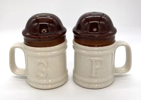 Vintage Crock Salt & Pepper Shakers with Handles Art Pottery 5.25