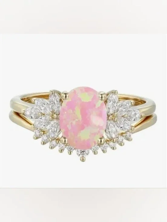 10 Karat Gold Pink Opal Halo Ring with Marquise Accent Stones