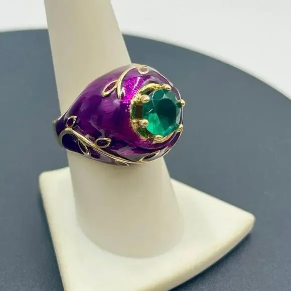 Princess Amanda Borghese Designer Purple Green Enamel‎ Cocktail Ring Sz 8.5