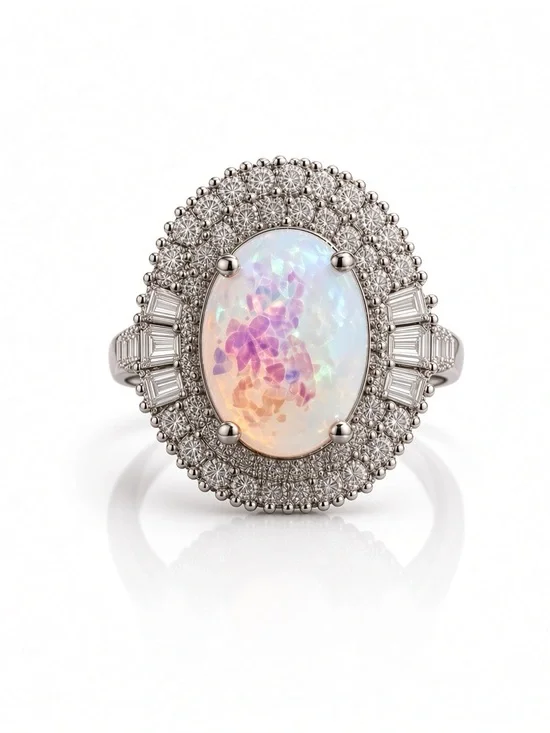 NWT Silver 3 ctw Crystal White Opal Halo Ring