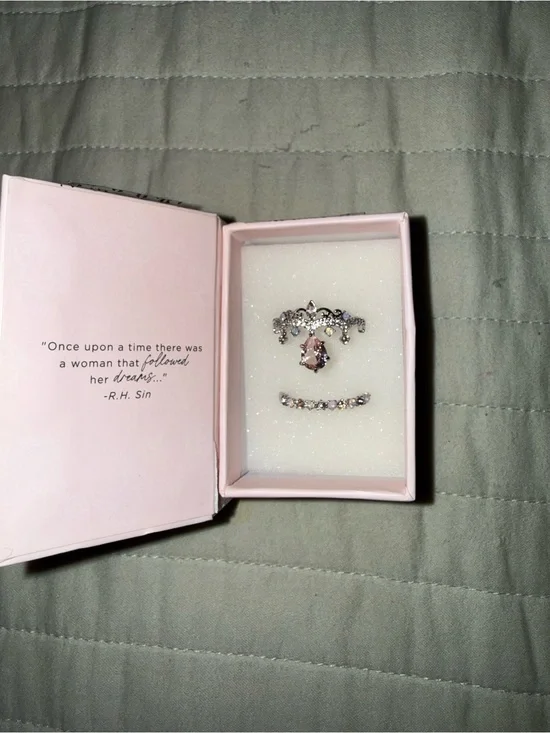 Silver-Tone Ring Set with Pink Crystal Teardrop