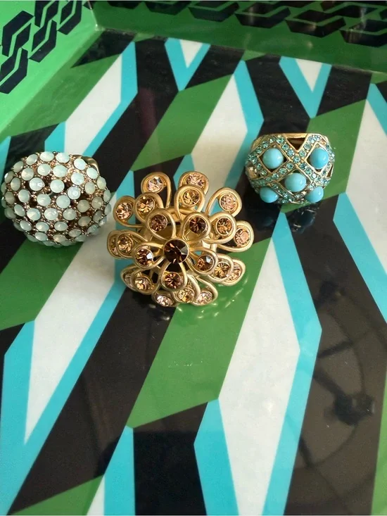 Cocktail Ring Lot of 3: Gold Floral Cocktail Rings with Crystals & Stones
