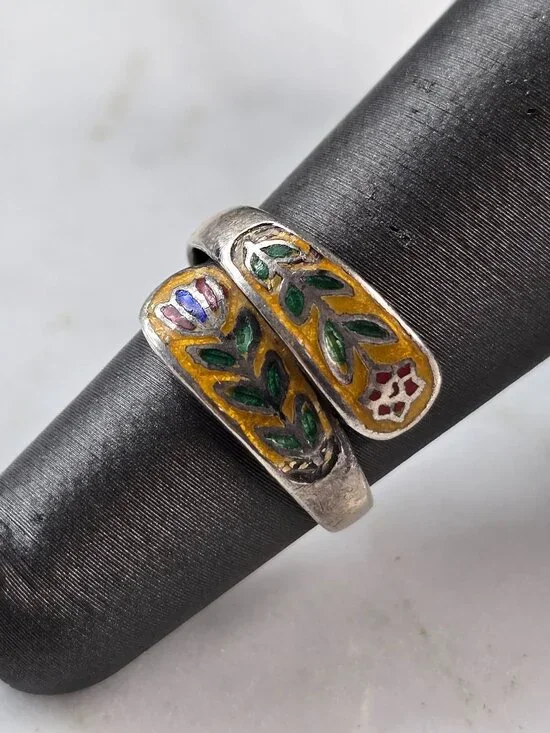 Womens Vintage Estate Sterling Silver Floral Enamel Siam Ring 2.3g E4143