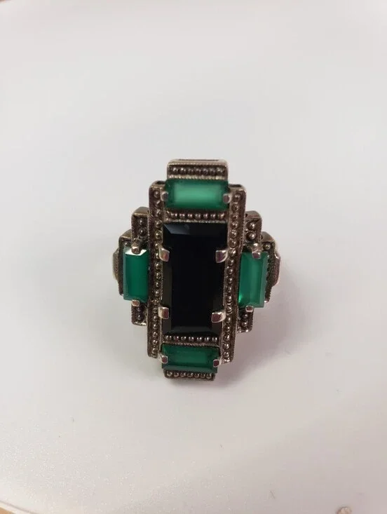 Nicky Butler Sterling Silver Art Deco Style Ring Onyx Green Chalcedony Size 10.5
