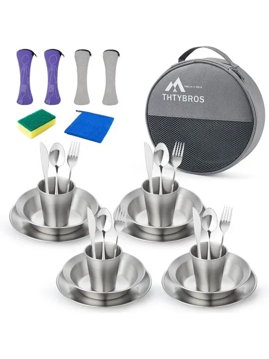 All-in-One Stainless Steel Camping Cookware Set for 1-4, Plates, Bowls, Utensils