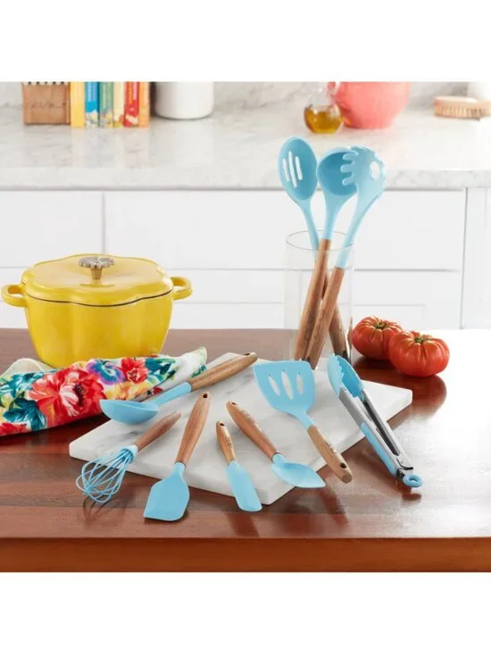 The Woman Pioneer Blue 10-Piece Silicone-Tipped Wood Handles Cooking Utensil