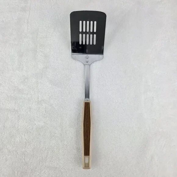 Vintage Japan Stainless Steel Slotted Spatula Turner MCM Plastic Almond Handle