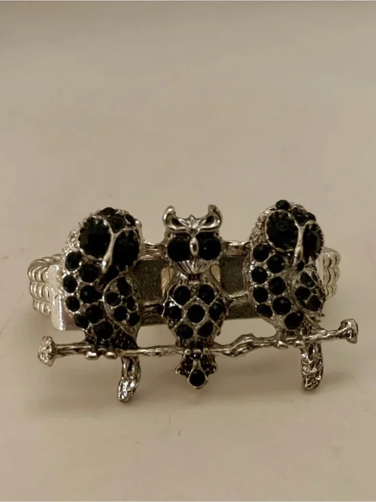 Silver-Tone Black Crystal Owl Trio Ring #0002