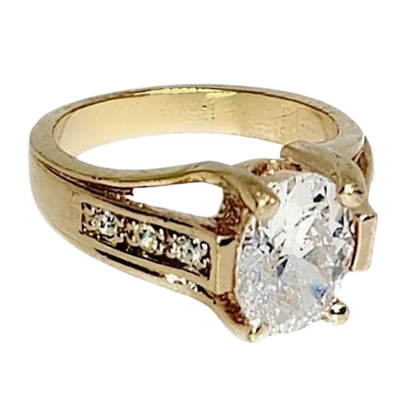 Gold Plated CZ Solitaire Ring with Accented Band | Size 8 | NWOT