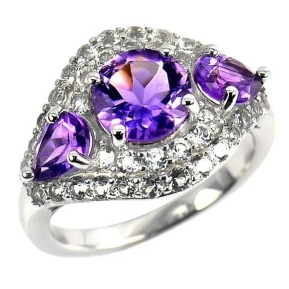 Sterling Silver Ring with‎ Natural Gemstone Purple Amethyst and CZ Size 8