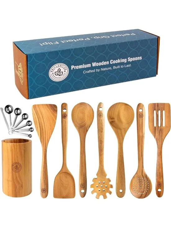 9-Piece Wooden Kitchen Utensil Set with Holder & Stainless Steel Measuring