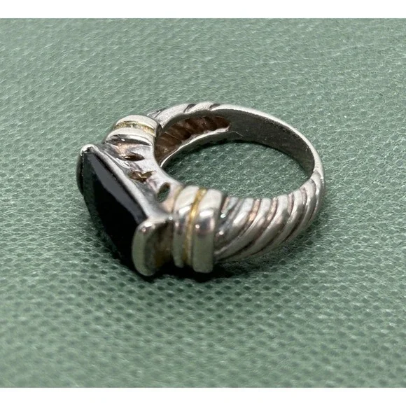 Vintage Faceted Black Onyx Rope Striped Sterling Silver Ring Size 7.5