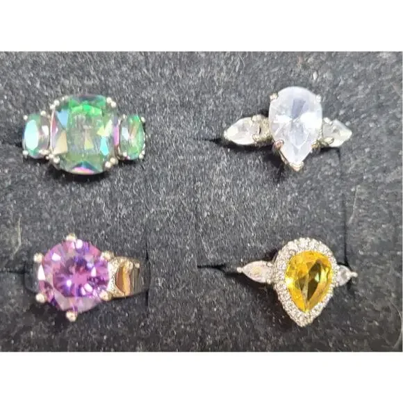 Womens Ring Lot Size 7.5 7.25 Statement Cocktail Crystal Purple Yellow Green