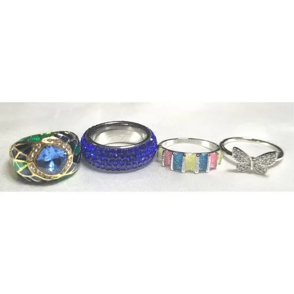 Womens Ring 4 Pc Lot Size 7.25 7 Bands Statement Butterfly Enamel Rhinestones