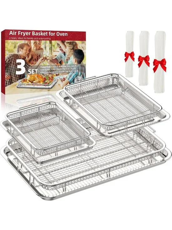 Oven Air Fryer Basket Set - 3 Piece Non-Stick Tray for Healthy Cooking
