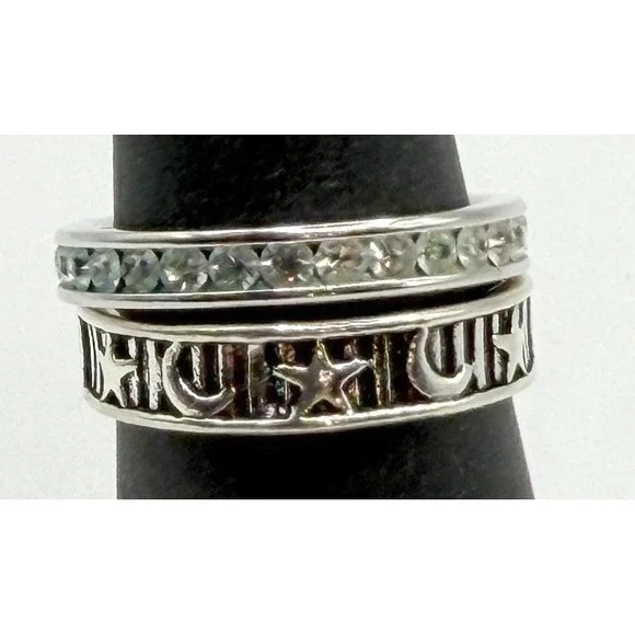 Celestial Moon Star Ring Set of 2 Size 5 Rhinestone Stack‎ Band Silver Tone