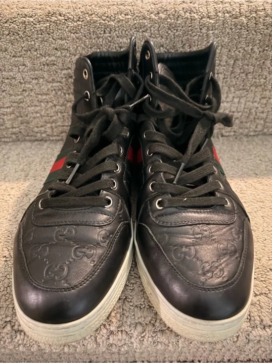 Gucci Black Leather High-Top Sneakers with Red & Green Web Stripe