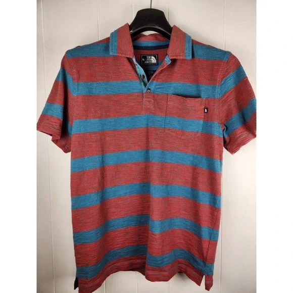 The North Face Mens Striped Polo Shirt Short Sleeve Blue Red Pocket Small