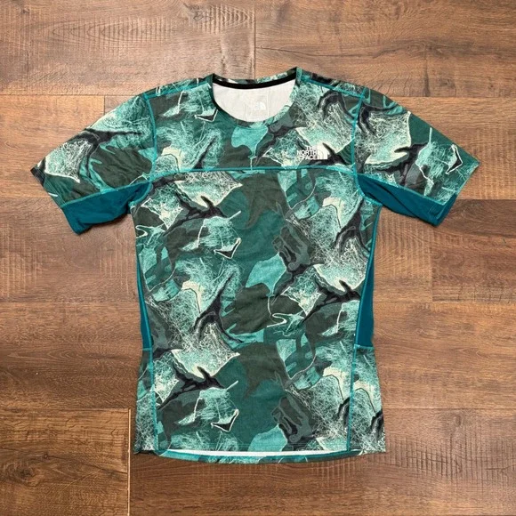 The North Face Mens FlashDry Performance T-Shirt Green Teal Marble Print Small