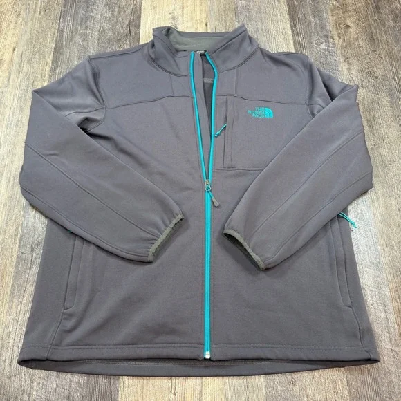 The North Face Softshell Jacket Mens XL Grey Teal Full Zip Fleece Lined Outdoor