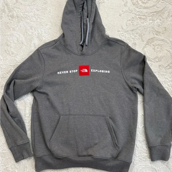 The North Face Men’s‎ Gray Pullover Hoodie Never Stop Exploring Logo Size Medium
