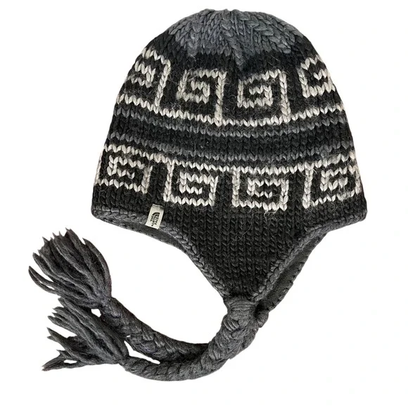 The North Face Wool Blend Earflap Beanie Gray Black Greek Key Knit Hat T365