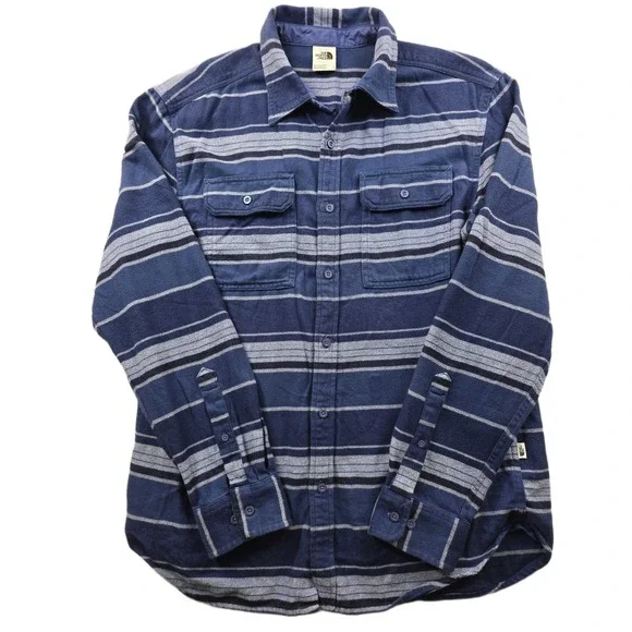 The North Face‎ Flannel Shirt Mens Large Blue Striped Cotton Lined Button Up