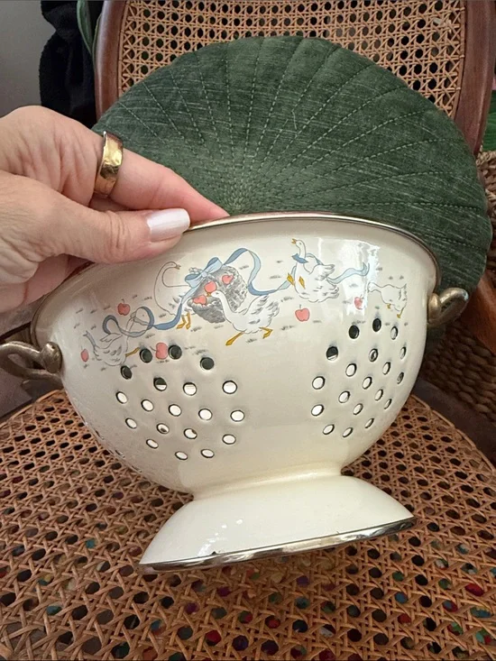Vintage 80s International Marmalade Goose Enamel Footed Colander Brass Handles