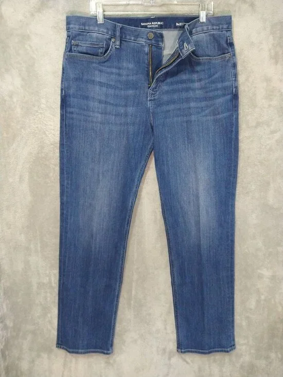 Banana Republic Jeans Mens 36x32 Blue Denim Traveler Straight Fit Stretch