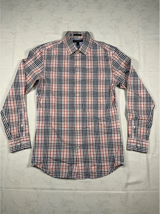 Banana Republic Mens Plaid Dress Shirt Black Red Grant Fit Sz Small 100% Cotton