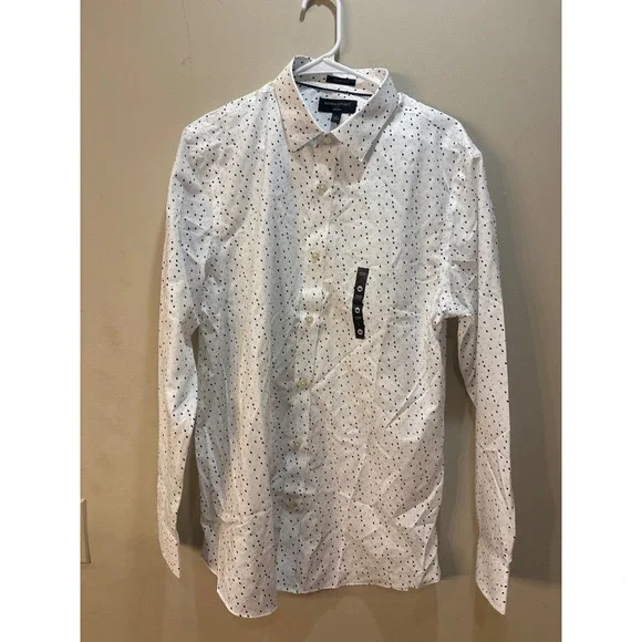 NWT Banana Republic Mens Slim Fit Non-Iron Shirt White Blue Geometric Diamond L