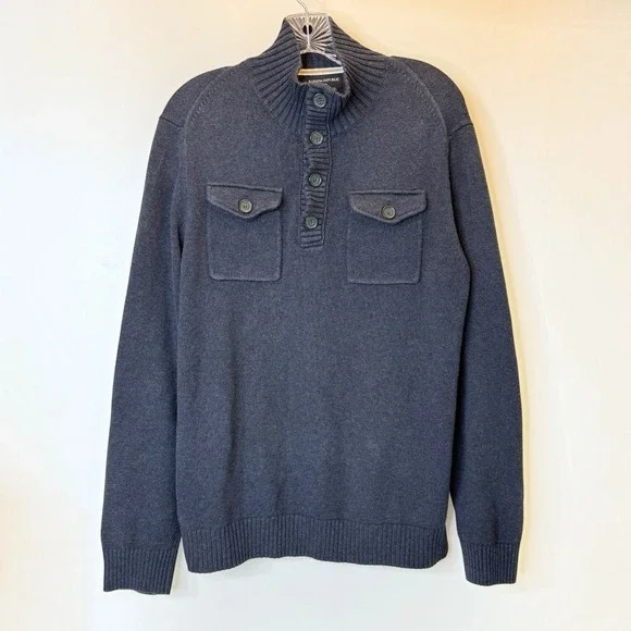 Banana Republic Men's M Navy Mock Neck Button Knit Pullover Sweater Solid