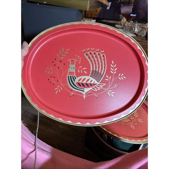 Vintage MCM Maxey Rooster Red Aluminum tray bird Peacock Oval