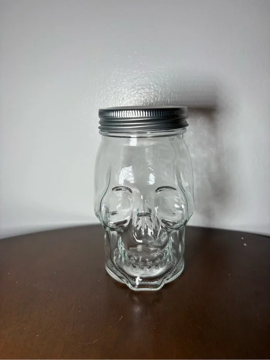 Clear Glass Skull Mason Jar with Silver Lid