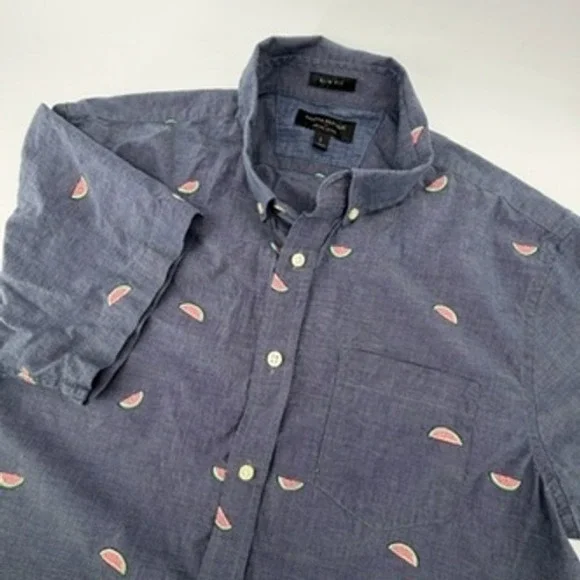 Banana Republic Mens Slim‎ Fit Watermelon Print Organic Cotton Shirt Blue Large