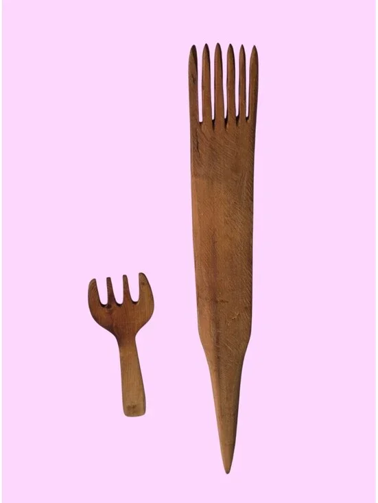 Vintage Hand Carved Wood Salad Serving Forks Set of 2 Rustic Primitive