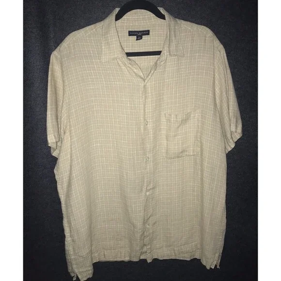 Banana Republic Shirt Tan White Plaid‎ 100% Linen Short Sleeve Button Up Men's