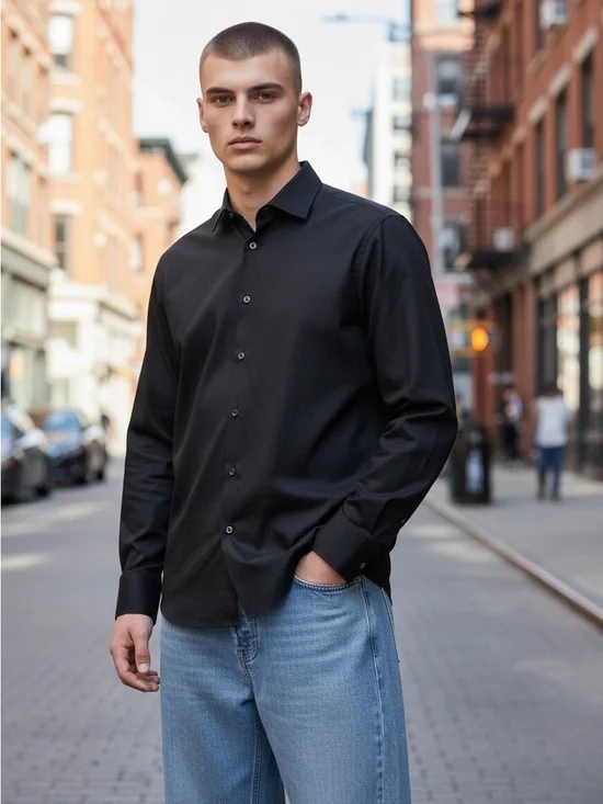 Banana Republic Fitted Black Dress Shirt, French Cuffs, 100% Cotton, M 15-15.5