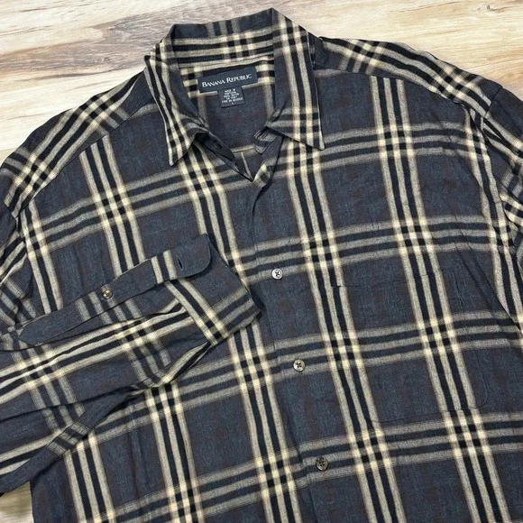 Vintage 90s Banana Republic Rayon Shirt Large Plaid Portugal Grunge Drapey