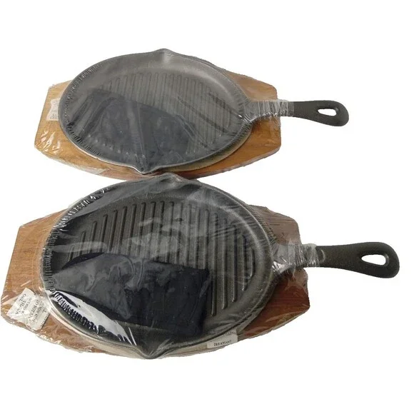 Cast Iron Fajita Pan w/Wood Base and Handle Cover Set of 2